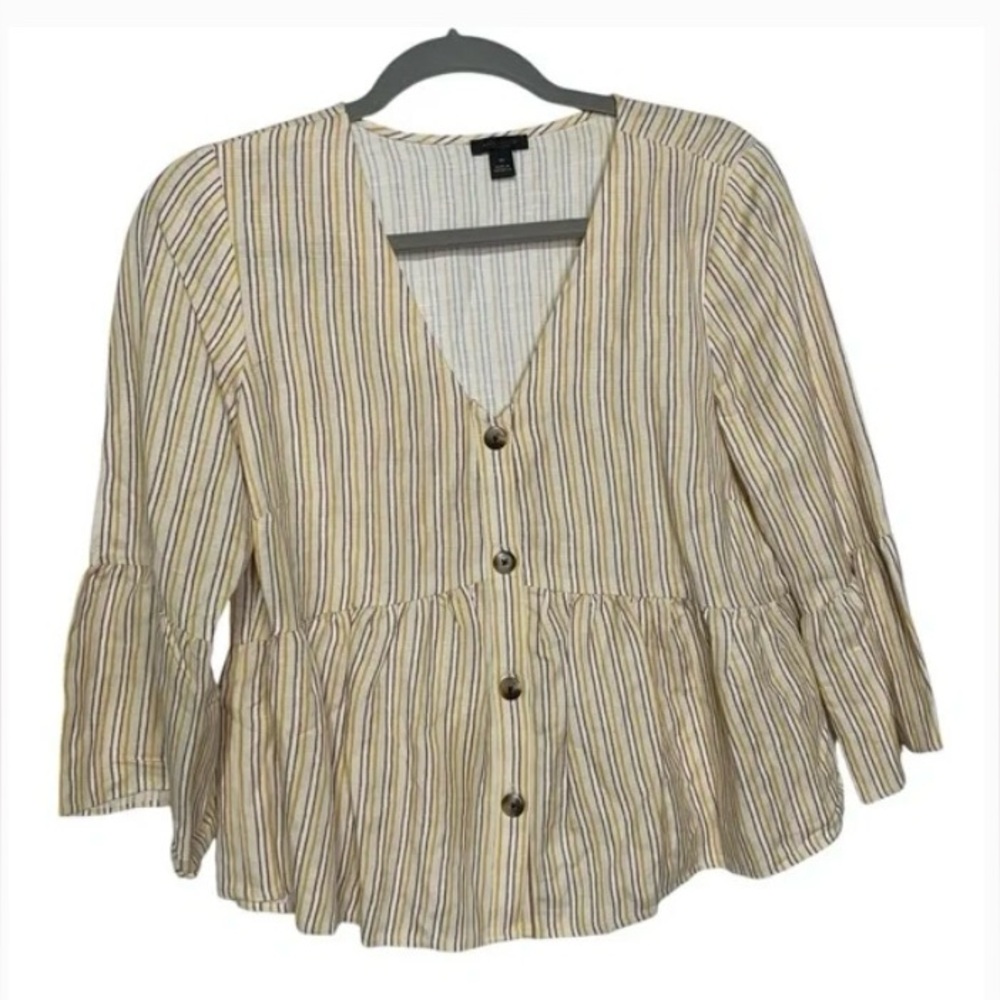 ANN TAYLOR Babydoll Top Linen Viscose Yellow Tan Oversized Sz XS S M